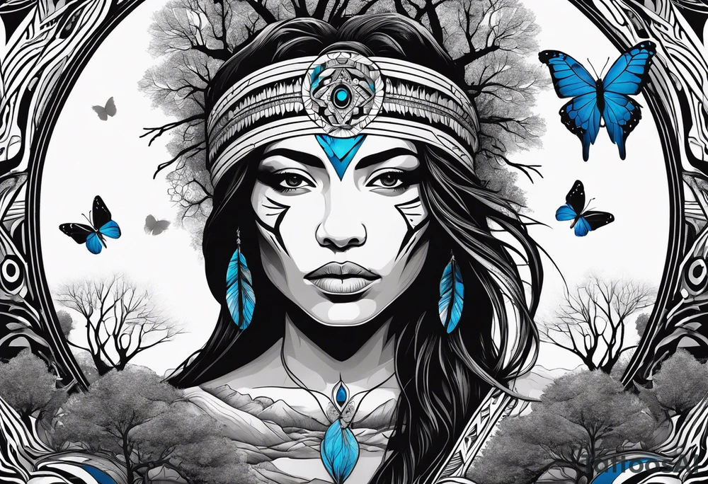 Tree of life with upper left branches framing a native American woman's face as she looks down onto the trees base and a lonely woman kneels there with 1 blue butterfly tattoo idea