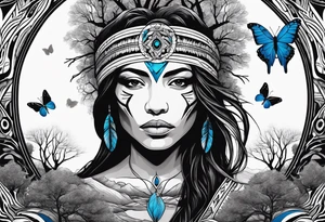 Tree of life with upper left branches framing a native American woman's face as she looks down onto the trees base and a lonely woman kneels there with 1 blue butterfly tattoo idea
