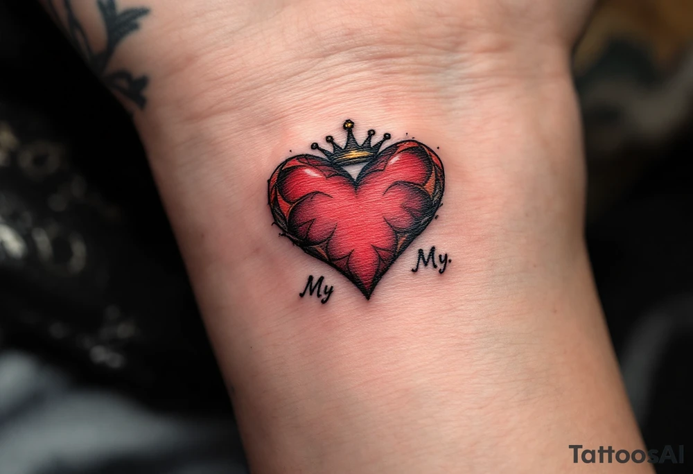 A matching red heart with a tiny crown above it and the word “My Daughter My Princess” in black, celebrating a daughter’s special role. tattoo idea
