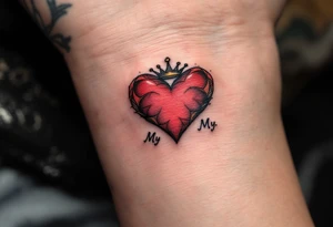 A matching red heart with a tiny crown above it and the word “My Daughter My Princess” in black, celebrating a daughter’s special role. tattoo idea
