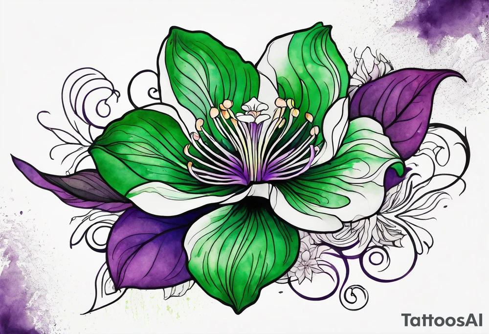 A mystical outline of a rio dipladenia flower and a green and purple watercolor splash in the background tattoo idea