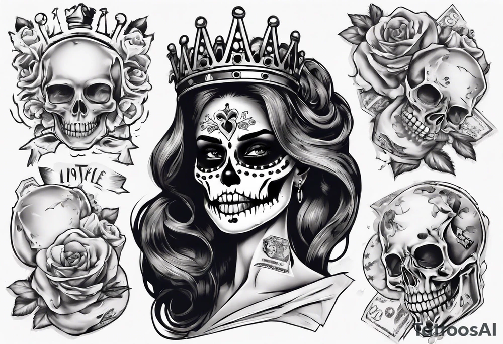 santa la muerta with money and crown
on the card tattoo idea