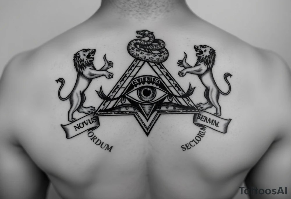 Pyramid with eye in the center, diamond with snake on the top,lions on corners,surrounded by words - novus ordum seclorum tattoo idea