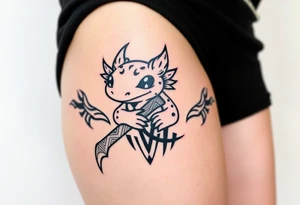 line work cartoon 
axolotl holding an axe tattoo idea