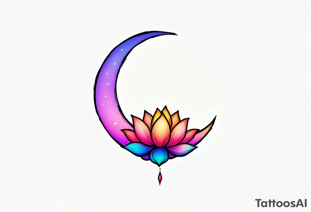 tiny colorful crescent moon with lotus flower tattoo idea