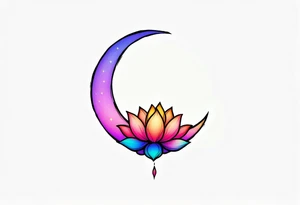 tiny colorful crescent moon with lotus flower tattoo idea