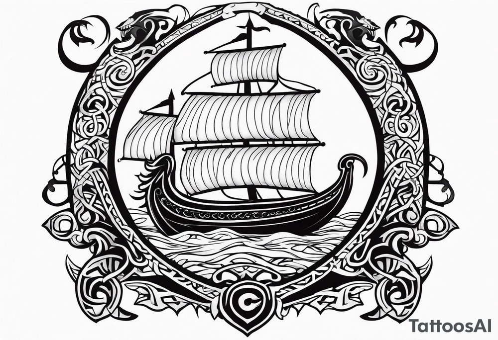 Valhalla sword shield viking ship dragon head tattoo idea