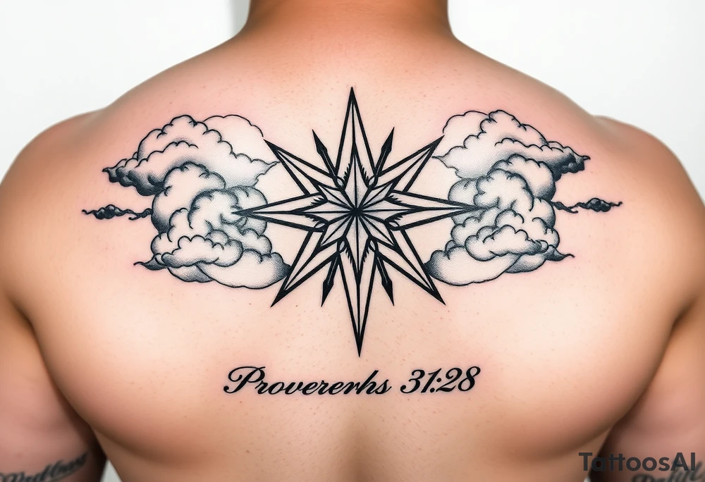 Vadline large print on fore arm hot dog direction hyper realistic star with clouds and subtext underneath is the quote proverbs 31:28 from the bible tattoo idea