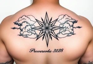 Vadline large print on fore arm hot dog direction hyper realistic star with clouds and subtext underneath is the quote proverbs 31:28 from the bible tattoo idea