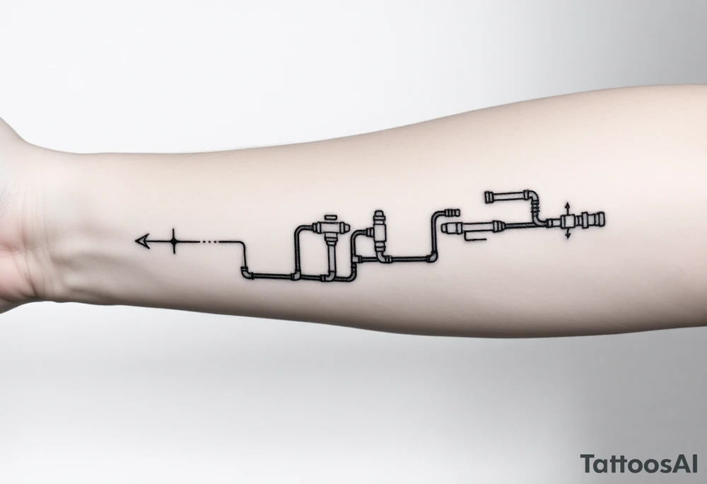 long System of pipes that transitions and transforms into veins of forearm tattoo idea