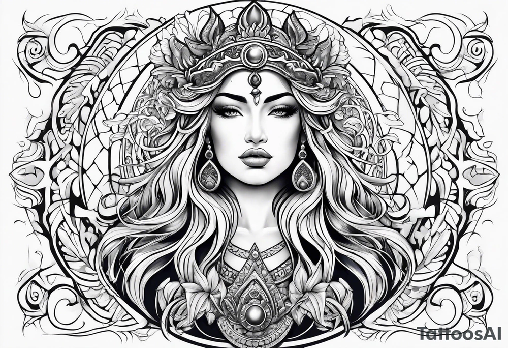 Aquarius goddess with water surrounding it in a tribal design tattoo idea