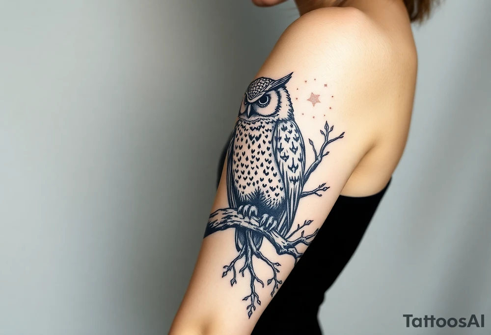 wise owl perched on ancient oak branch under starlit sky tattoo idea