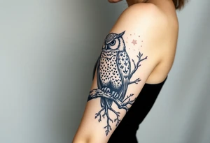 wise owl perched on ancient oak branch under starlit sky tattoo idea