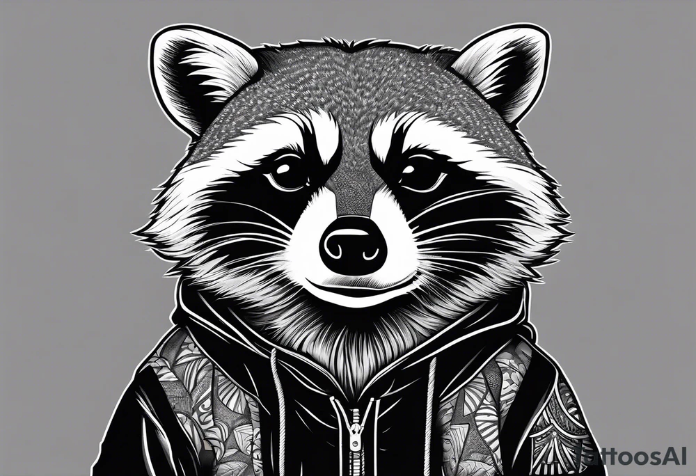 Raccoon wearing a white Superman logo on a black hoodie tattoo idea