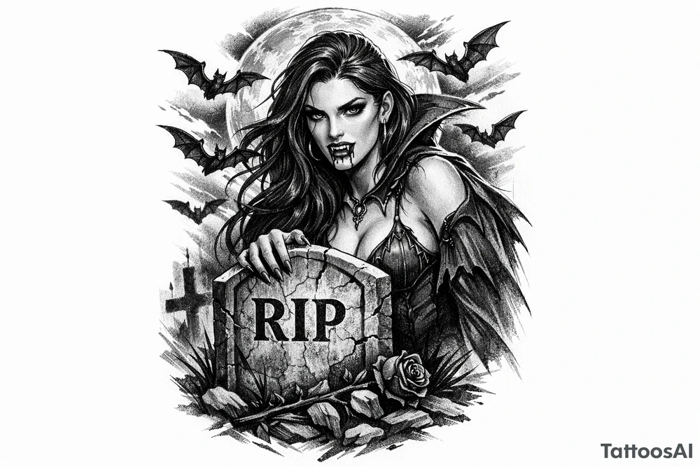 female vampire,bats,full moon,a gravestone. tattoo idea