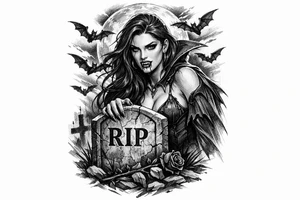 female vampire,bats,full moon,a gravestone. tattoo idea