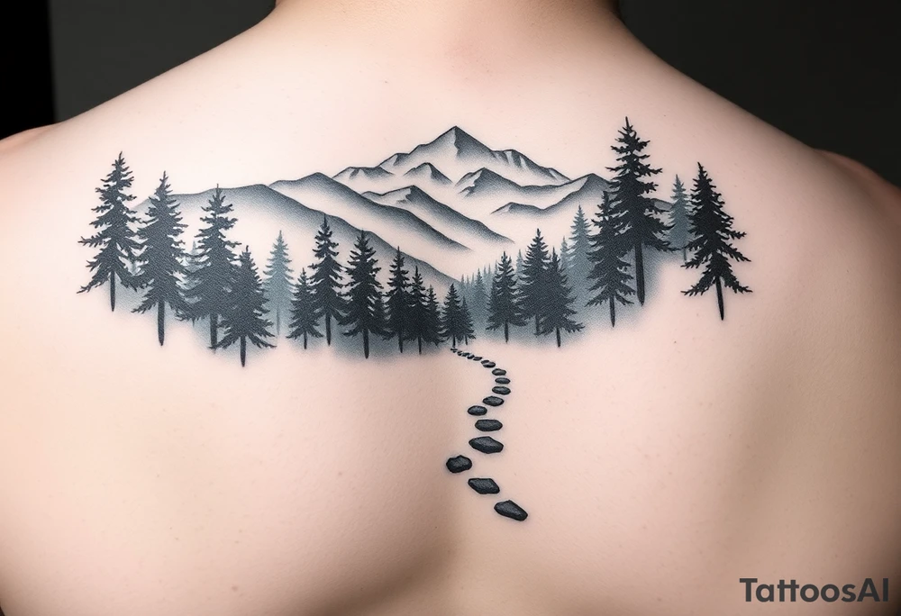 Winding path fading into misty forest, re-emerging toward distant mountains. Dark trees, bright peaks. Black and white, minimalist tattoo idea