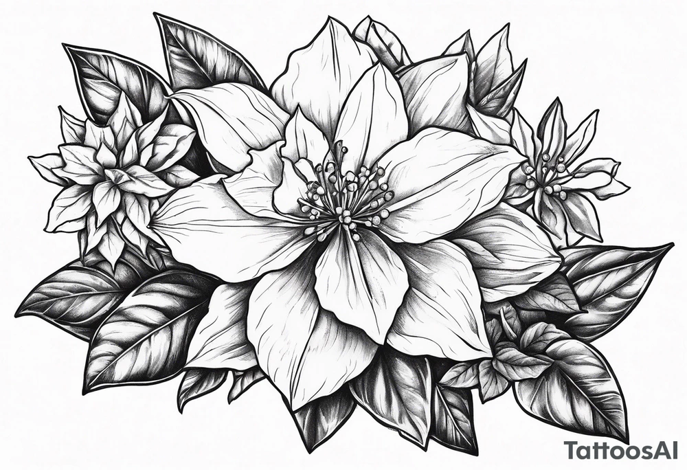 Narcissus, Poinsettia, Holly, floral bouquet tattoo idea