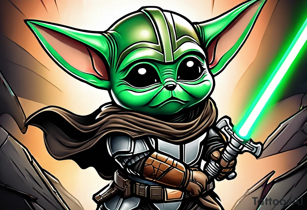 Baby grogu fighting Darth Vader while wearing mandalorian armor wielding a green lightsaber tattoo idea