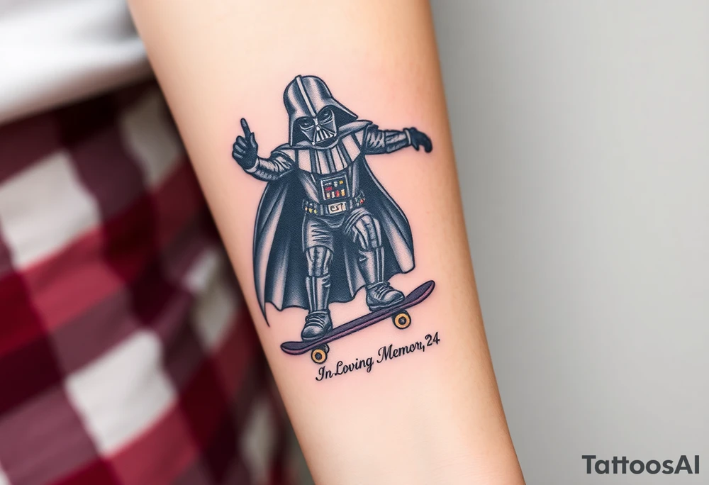Darth Vader skateboarding > bullets > in loving memory > colors
add words "Darth Carter" to skateboard
add date 12/29/88-01/06/24 tattoo idea