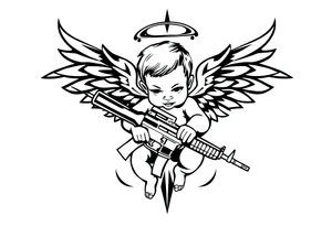 a baby angel with wings holding an Ak-47 tattoo idea