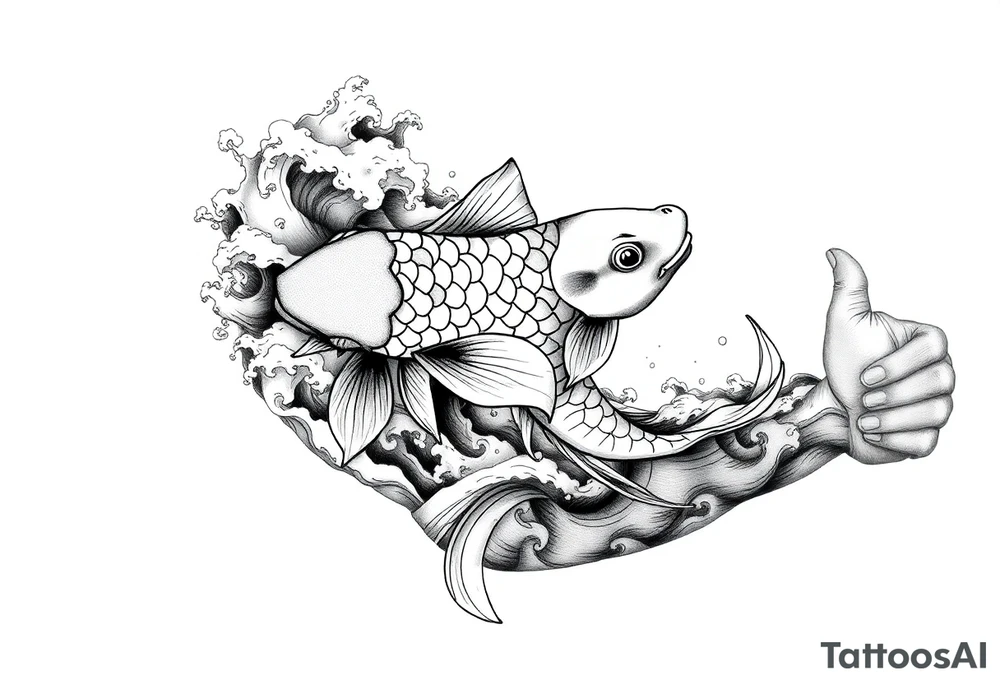 traditional koi fish swimming upstream through turbulent waves tattoo idea