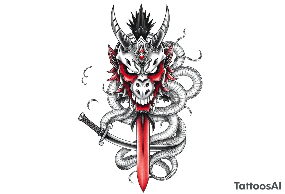 Back Tattoo with An Oni With a broken mask and a Sword, Dragons & snakes tattoo idea