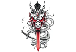 Back Tattoo with An Oni With a broken mask and a Sword, Dragons & snakes tattoo idea