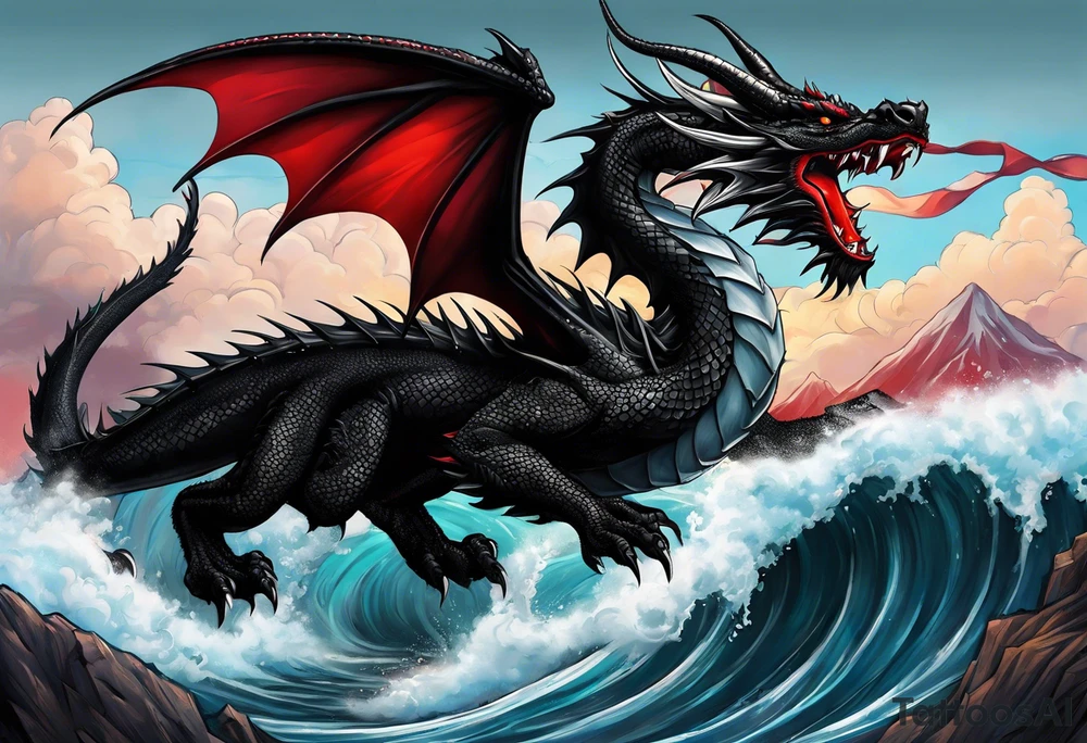 full black dragon with a long tail. Storm in the background. Pops of red. Holding a gem. tattoo idea