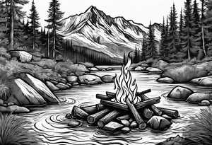 Small campfire on the coast of a mountain stream, in the back is some evergreen tall trees tattoo idea