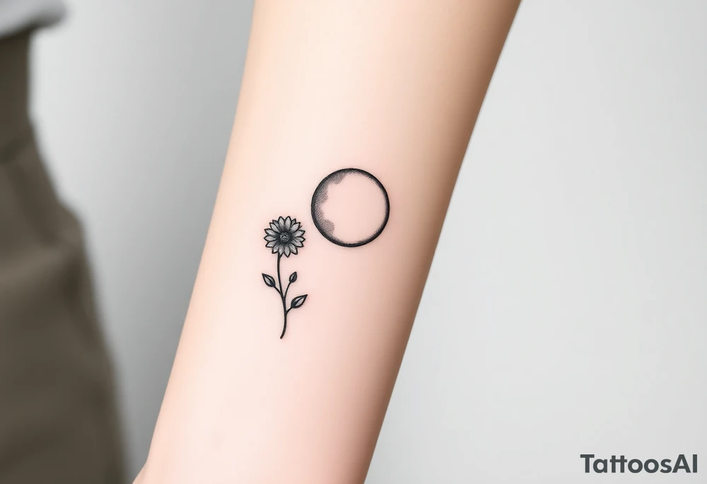 Small black ink minimalist tattoo with full moon, small chrysanthemum and tiny scorpio gliph tattoo idea