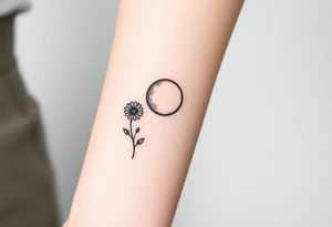 Small black ink minimalist tattoo with full moon, small chrysanthemum and tiny scorpio gliph tattoo idea