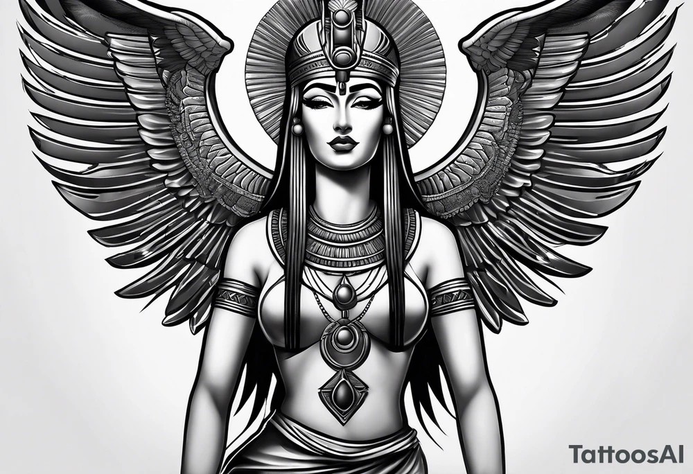 black and gray photo realistic goddess isis with minimal detail tattoo idea