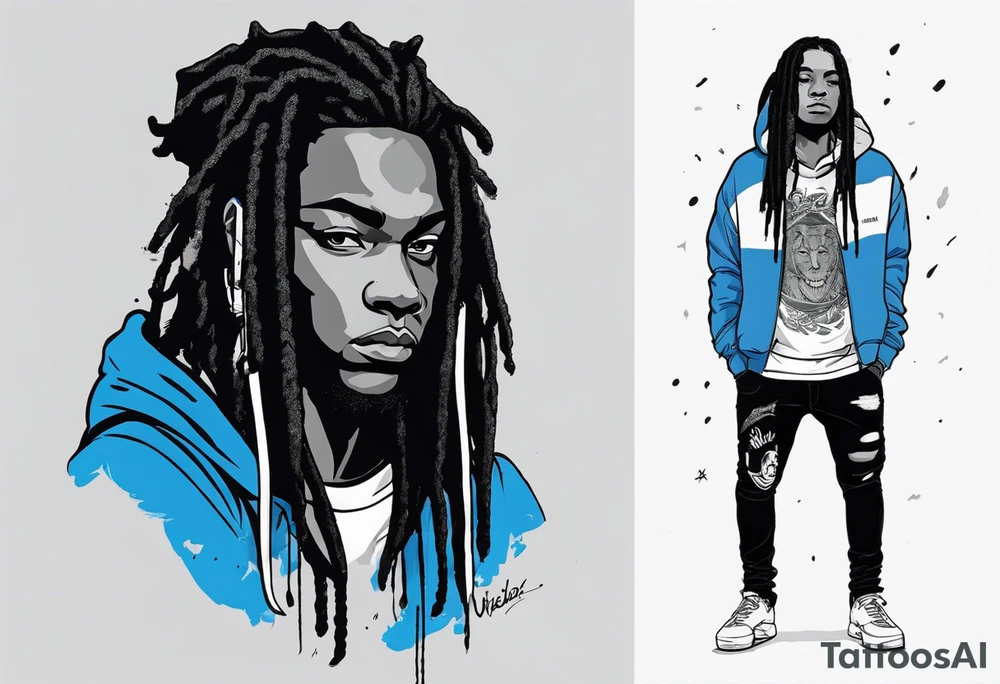 black well built teen with with a grey hoodie on and blue jeans with long dreads morphing 
into a blue wildcat in various spots on his body. I want his hoodie appear as if its been ripped in random places from the inside with I Carolina blue football jersey showing underneath that reads Camden tattoo idea