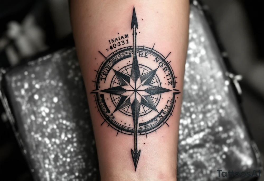 Rustic half compass with a long native American arrow pointing at my wrist with the words “True North” and says "Isaiah 40:31" tattoo idea