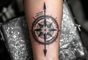 Rustic half compass with a long native American arrow pointing at my wrist with the words “True North” and says "Isaiah 40:31" tattoo idea