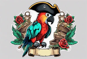 a chest tattoo of a traditionally colored parrot with a pirate hat tattoo idea