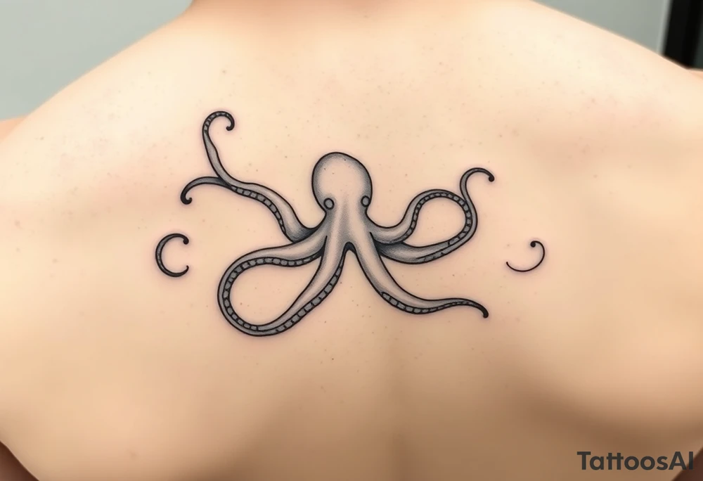 abstract tattoo design, flowing fine black lines, minimalistic style, psychedelic ink pattern, looks like gasoline or oil floating on water, iridescent texture implied, delicate and organic line swirls, elegant liquid shapes, abstract stream of ink, subtle illusion of an octopus, hidden tentacle forms, not literal animal, just hints, emerging in the fluid forms, surreal and trippy vibe, feminine and graceful, non-representational, semi-random ink trails, vapor-like flow, inspired by oil slicks, smoke or mist patterns, dynamic and hypnotic, modern abstract linework, echo of marine shapes, no solid fills, transparent and airy, Pis Saro and Balazs Bercsenyi inspiration tattoo idea