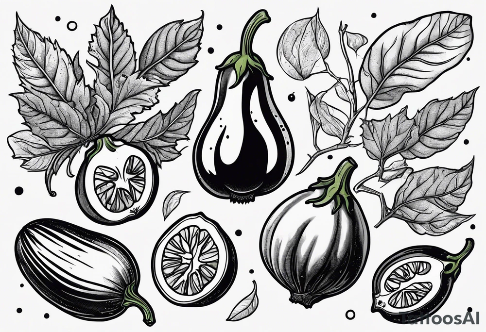 There is a north needle in the center, and outside the north needle there are several leaves of eggplant. tattoo idea