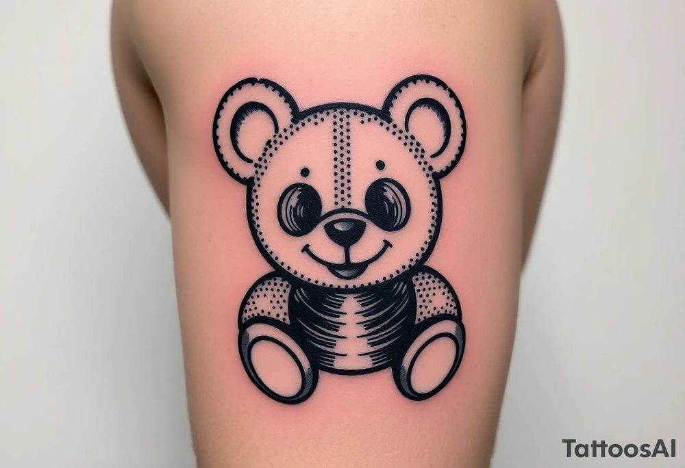 minimalist teddy bear with vinyl records as eyes smiling and sitting on a record tattoo idea