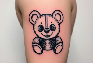 minimalist teddy bear with vinyl records as eyes smiling and sitting on a record tattoo idea