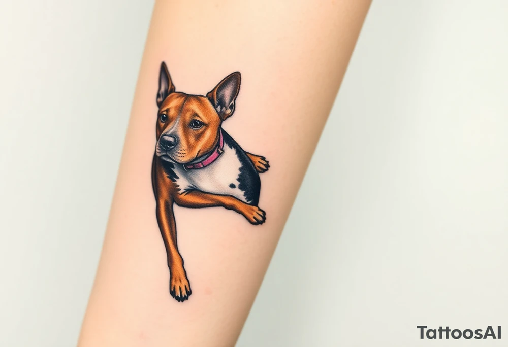 a tan pitbull and a black Australian cattle dog playing together tattoo idea