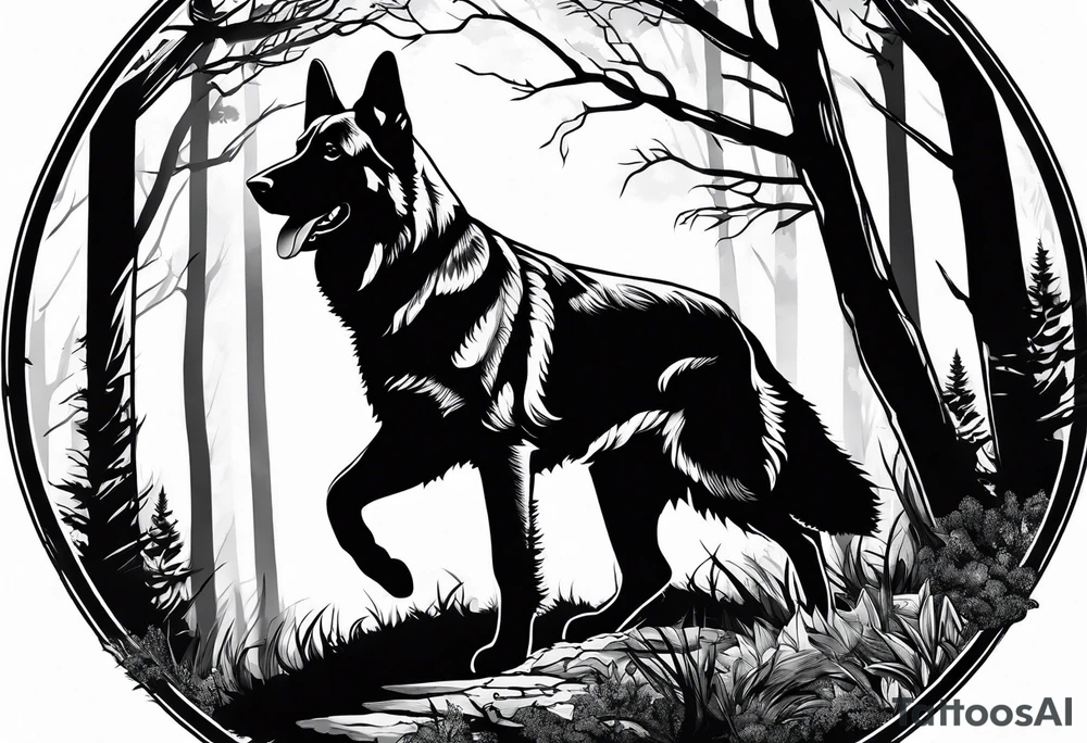 German shepherd dog walking in a forest tattoo idea
