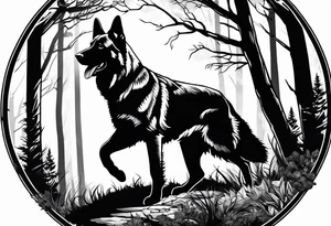 German shepherd dog walking in a forest tattoo idea