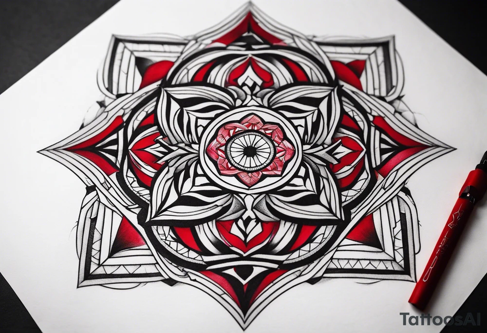 semi Detailed traditional knee tattoo flat on paper. The tattoo features geometric patterns and bold lines, creating a visually striking design with slight tints of deep red. tattoo idea