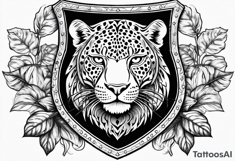 A shield with small leopar head as shield's emblem. The shield would be hang on a ivy planted wall tattoo idea