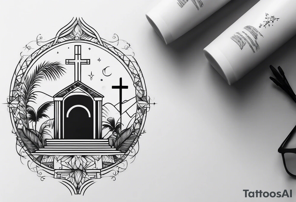 A minimalist tattoo to draw on my right arm with a mix with the cross of Jesus and with some things symbolizing my wife, my daughter, my 2 dogs, some musical elements about keyboards and pianos too and some elements that remember Brazil and the USA tattoo idea