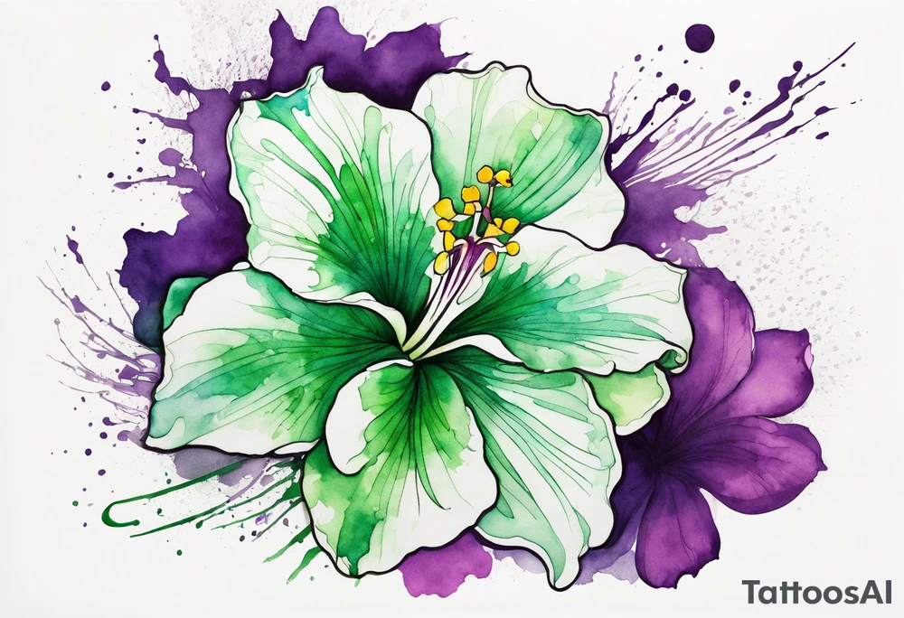 An outline of a green rio dipladenia flower and a green/purple watercolor splash in the background tattoo idea