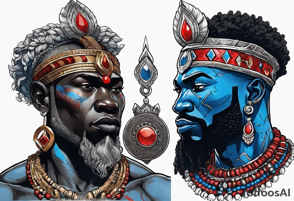Black-skinned african god of war with a small silver crown, no armor, and two ball necklaces: one blue, other red tattoo idea