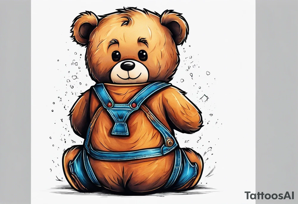 the back of a standing teddy bear wearing overalls tattoo idea
